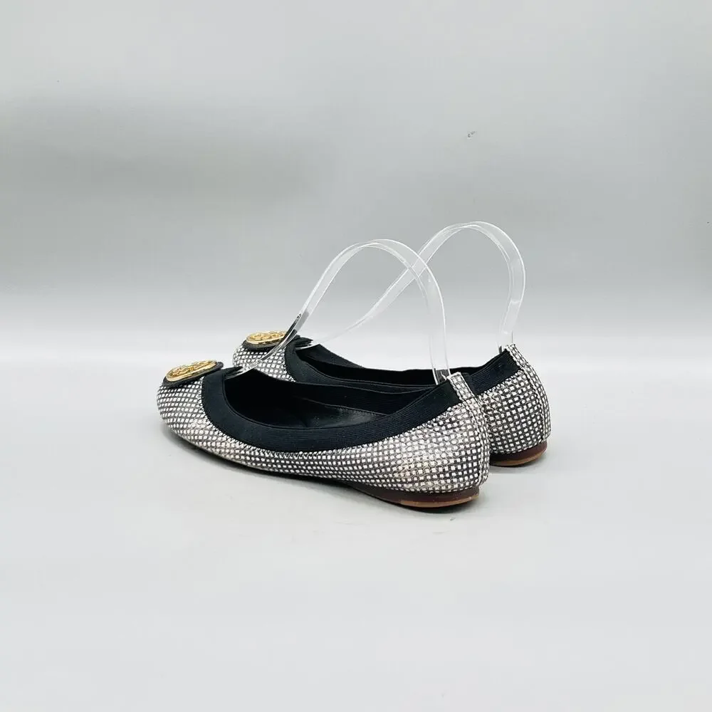 Tory Burch Shoes Womens 6 Silver Leather Check Logo Ballet Flats Slip On Party